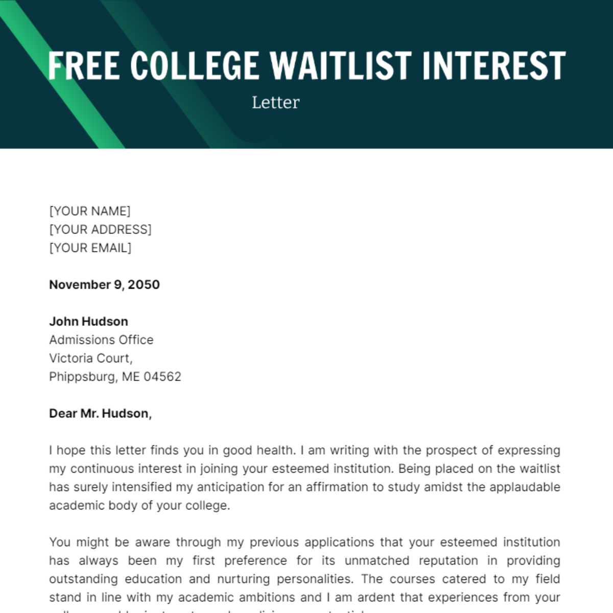 College Waitlist Letter of Interest template
