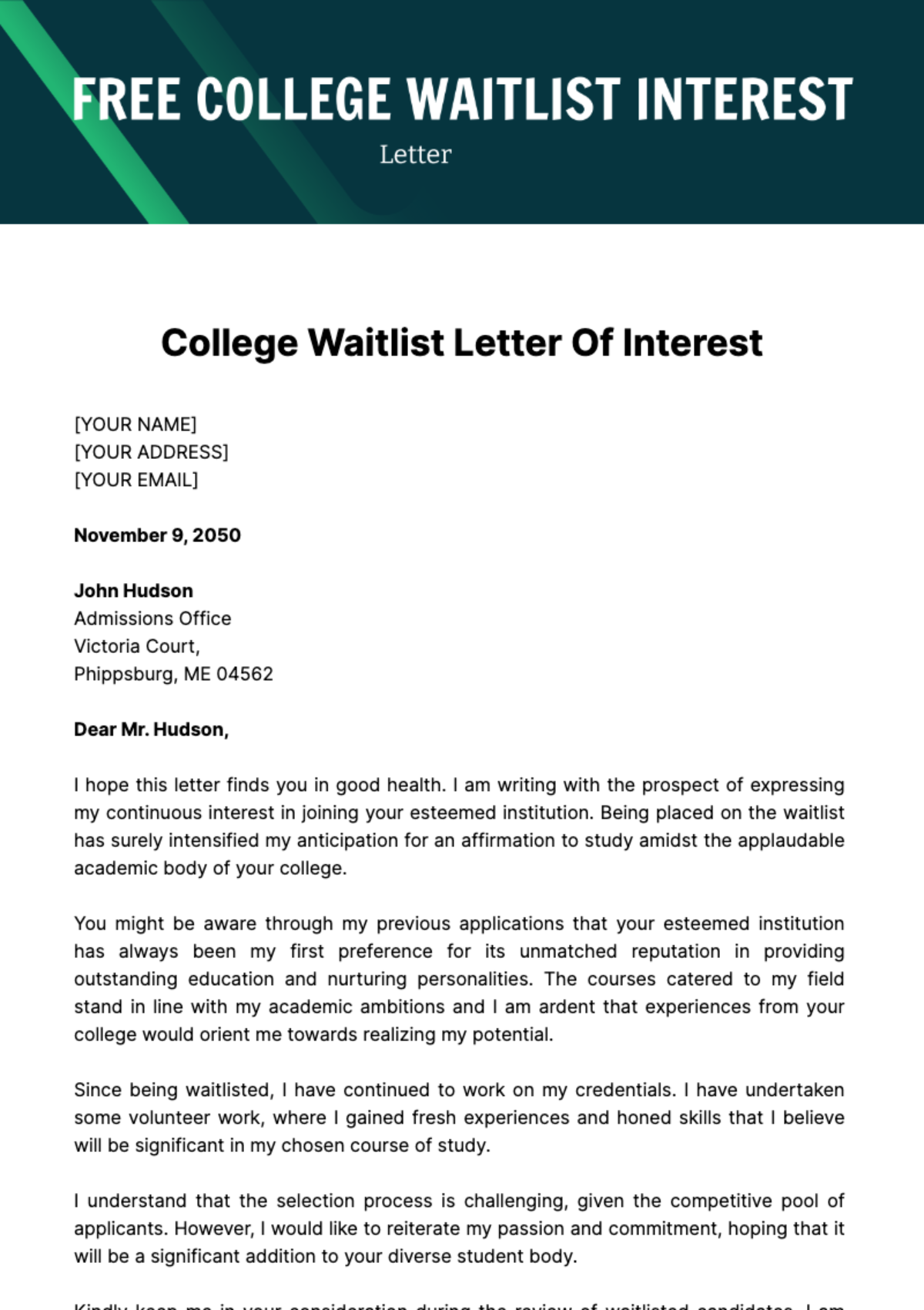 Free College Waitlist Letter of Interest template
