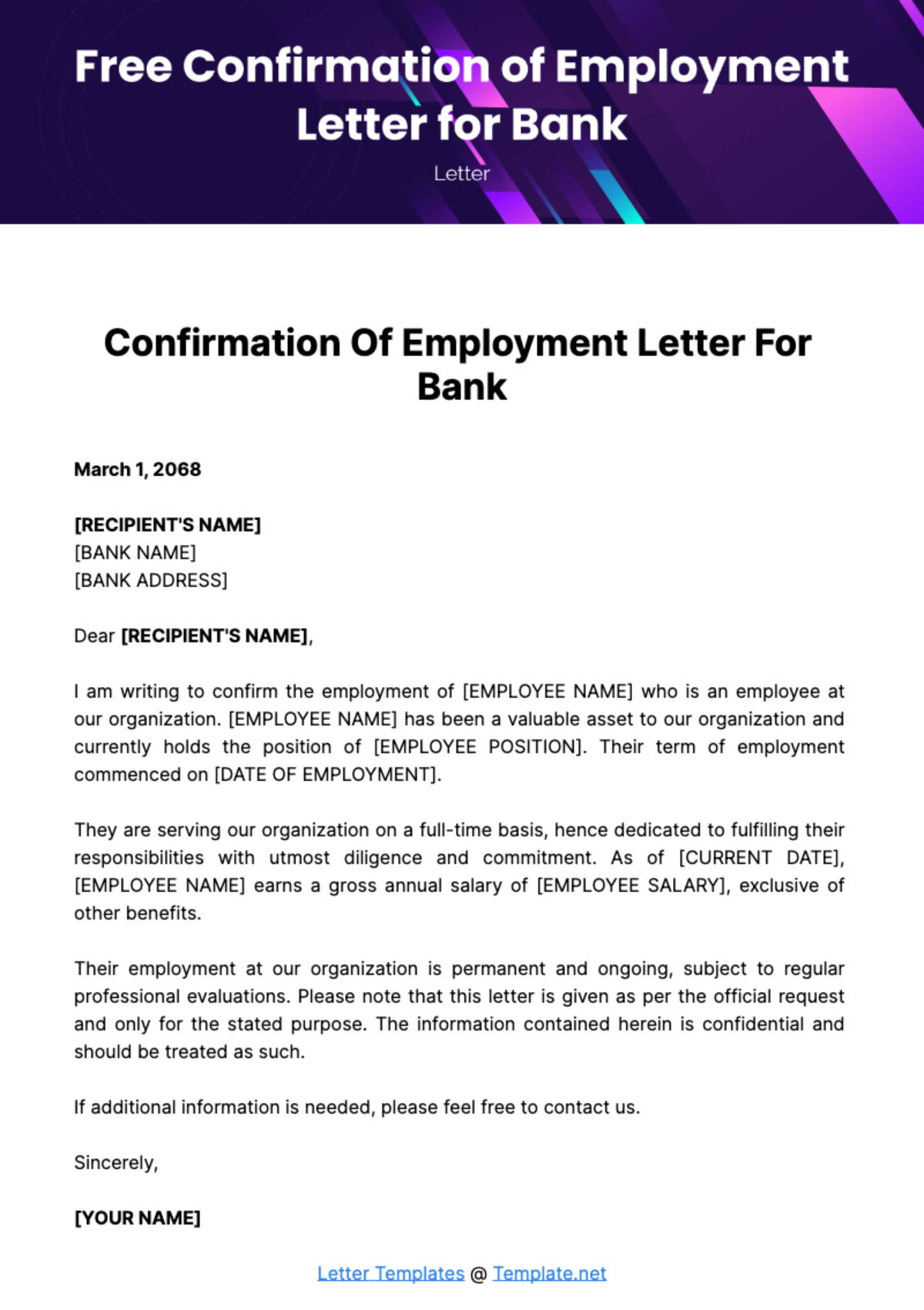 Free Confirmation of Employment Letter for Bank Template