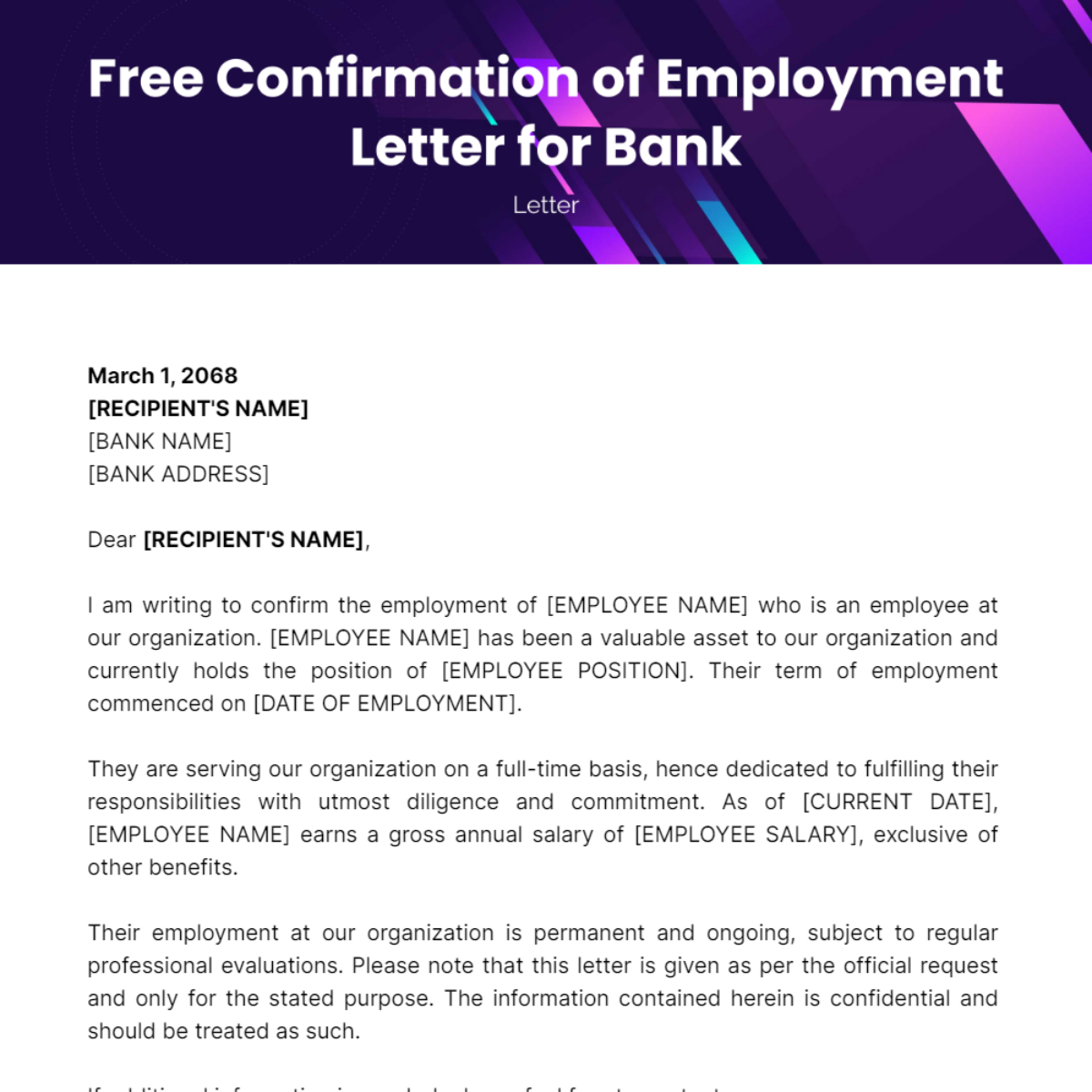Confirmation of Employment Letter for Bank Template