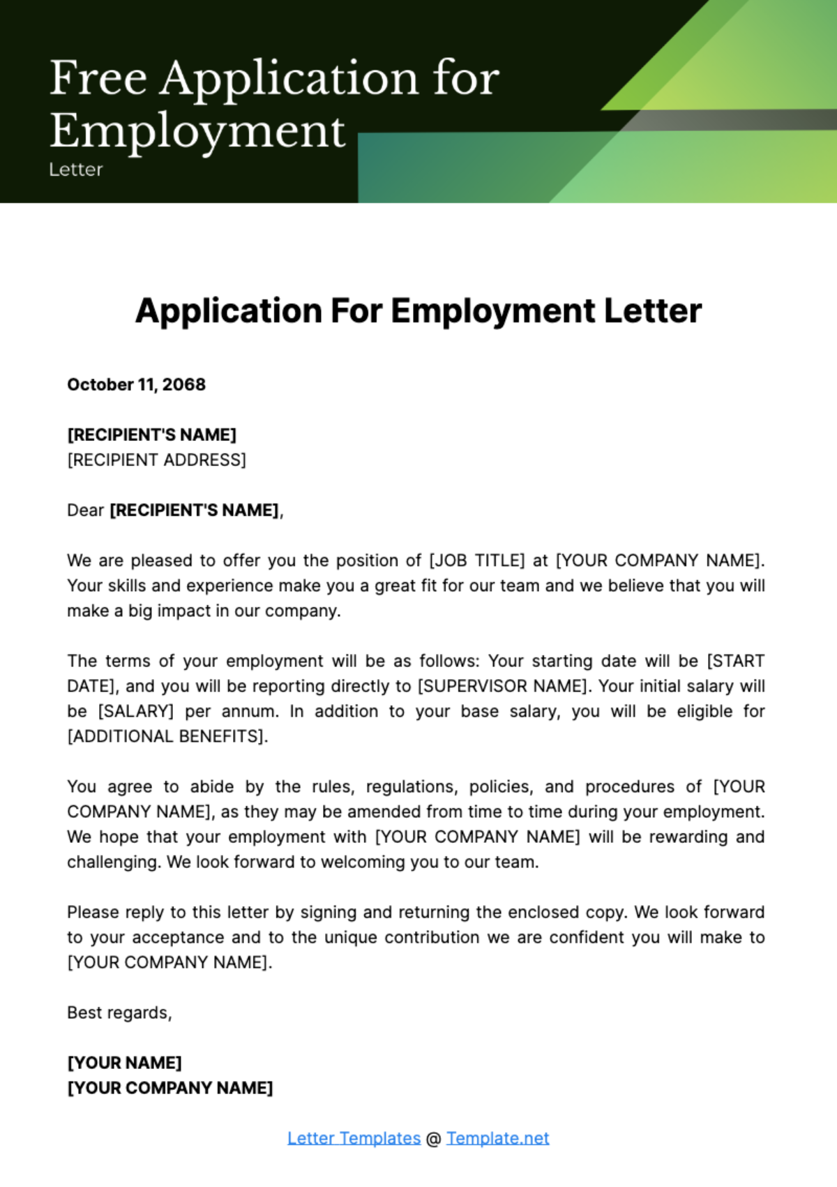 Free Application for Employment Letter Template