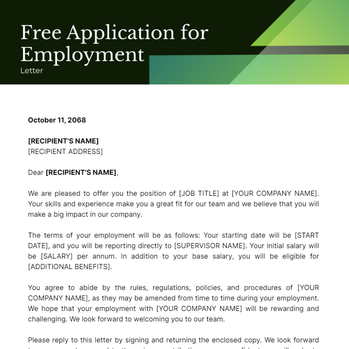 Application for Employment Letter Template