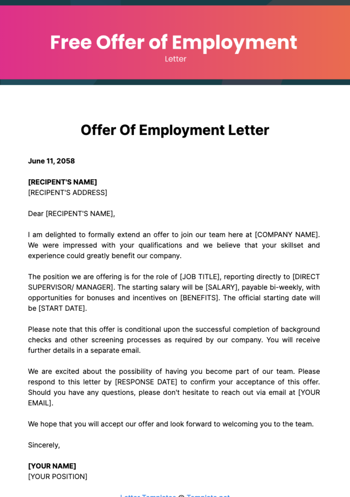 Free Offer of Employment Letter Template