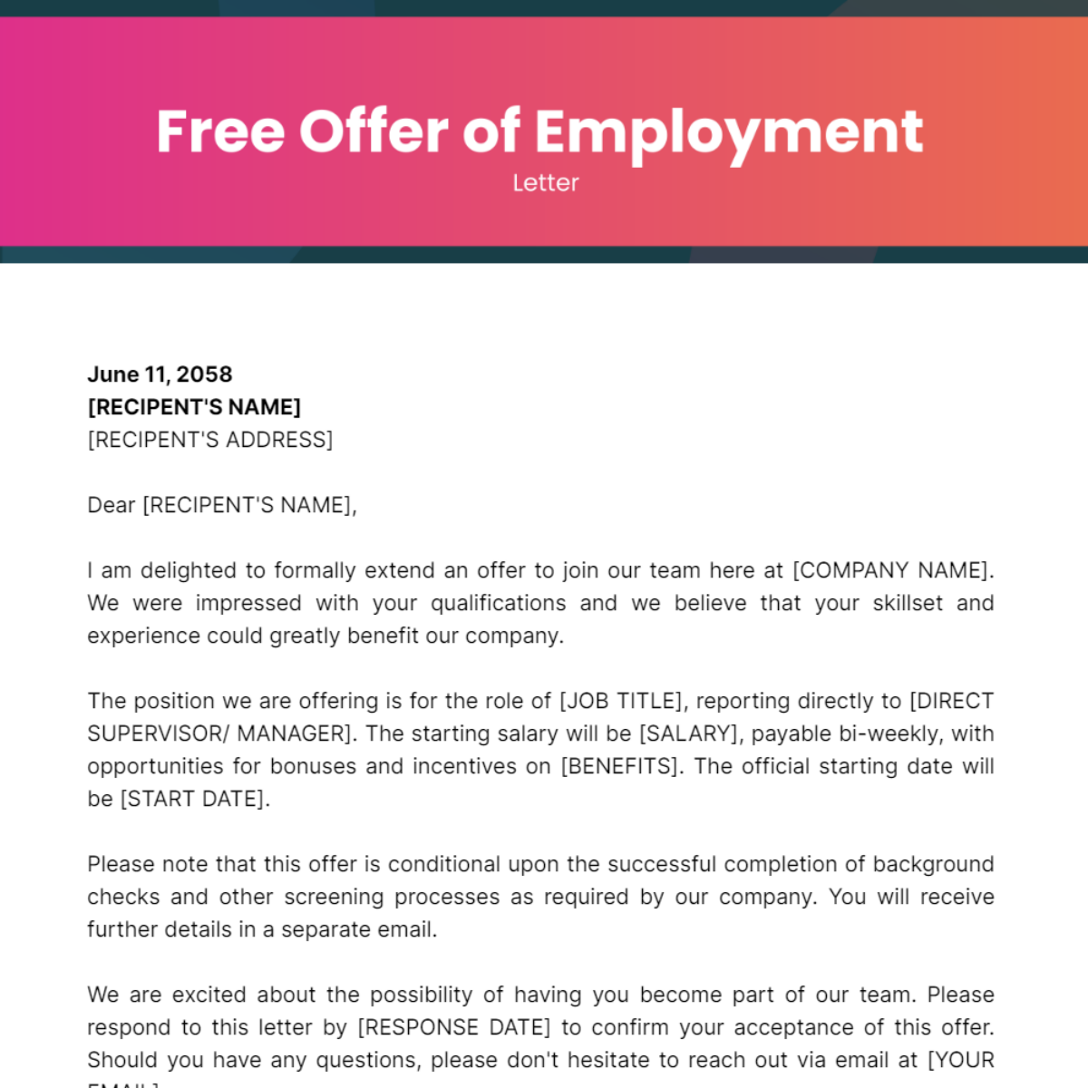 Offer of Employment Letter Template