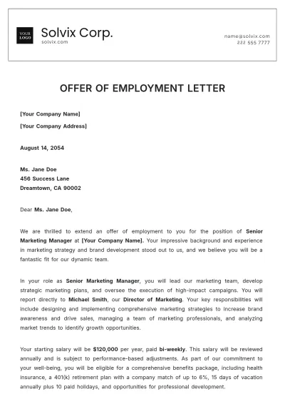 Free Offer of Employment Letter Template to Edit Online