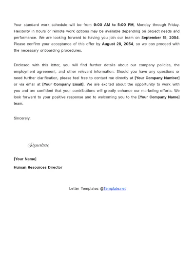 Free Offer of Employment Letter Template to Edit Online