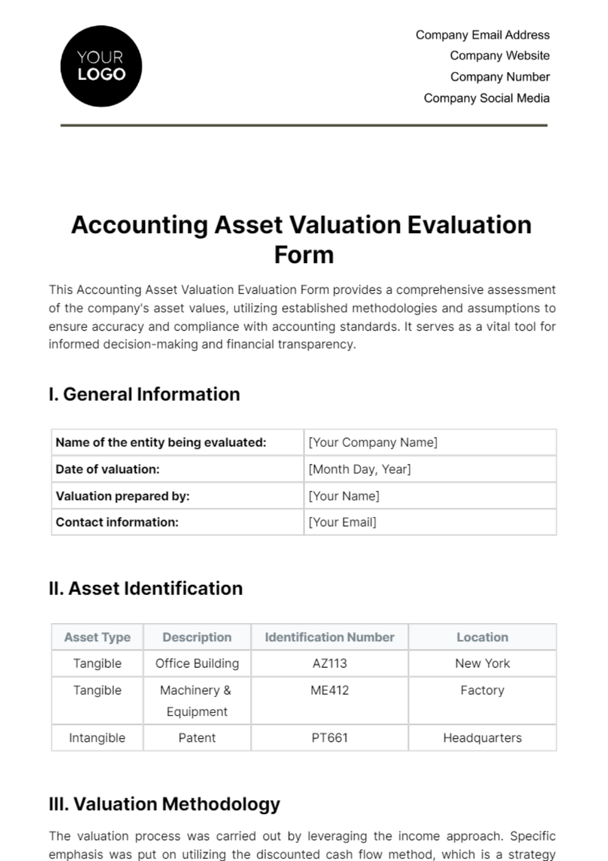 Accounting Asset Valuation Evaluation Form Template