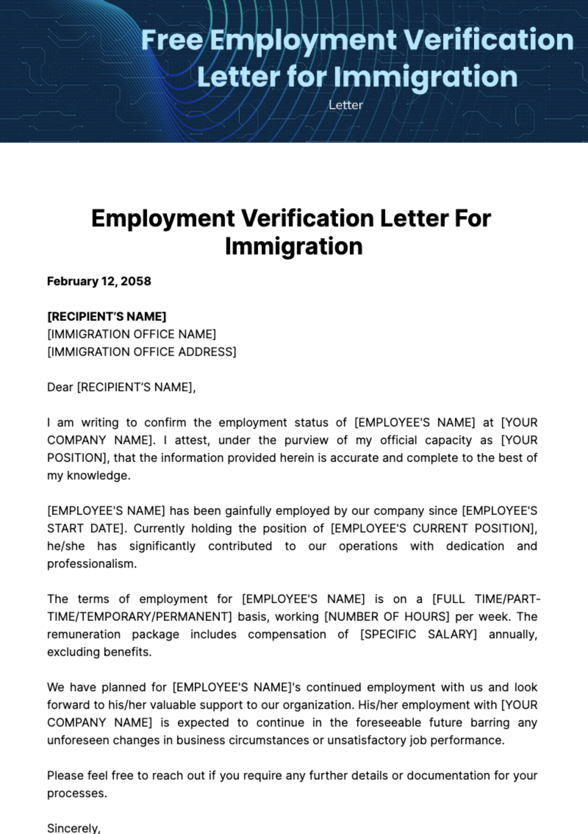 Free Employment Verification Letter for Immigration Template