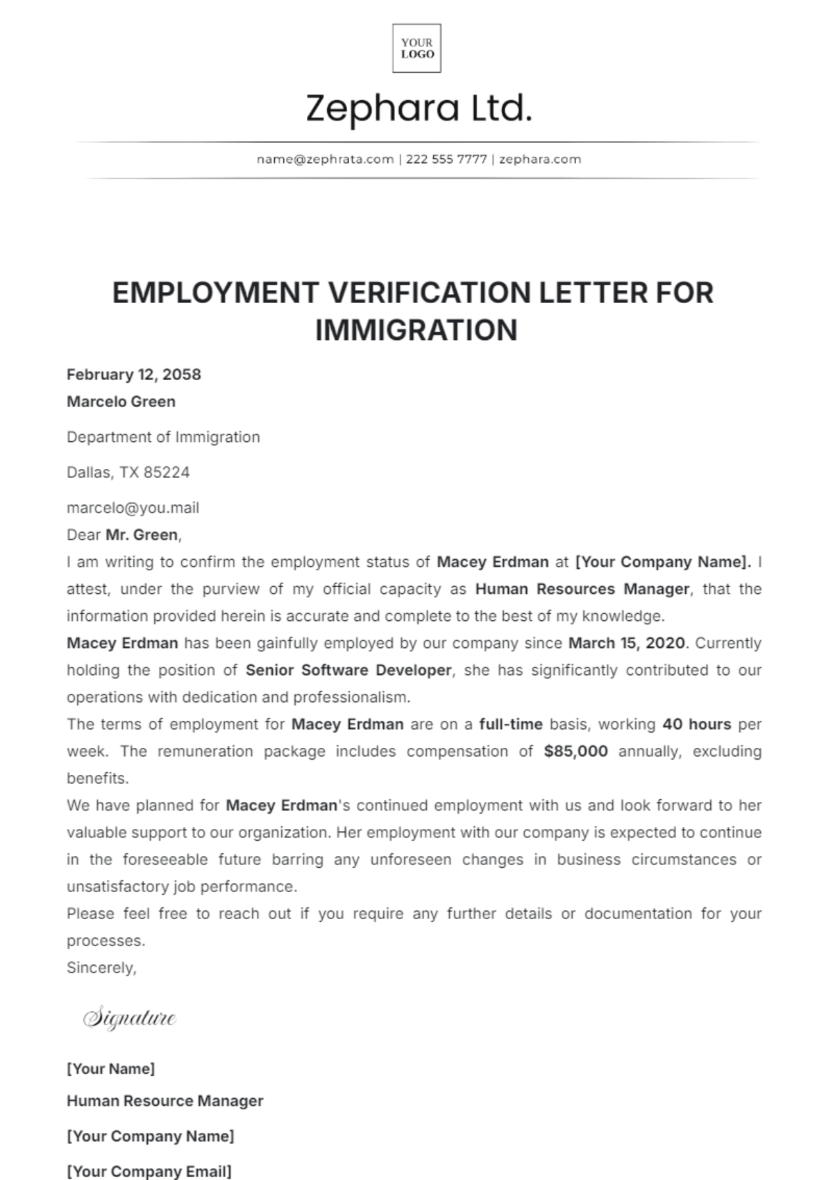 Employment Verification Letter for Immigration Template