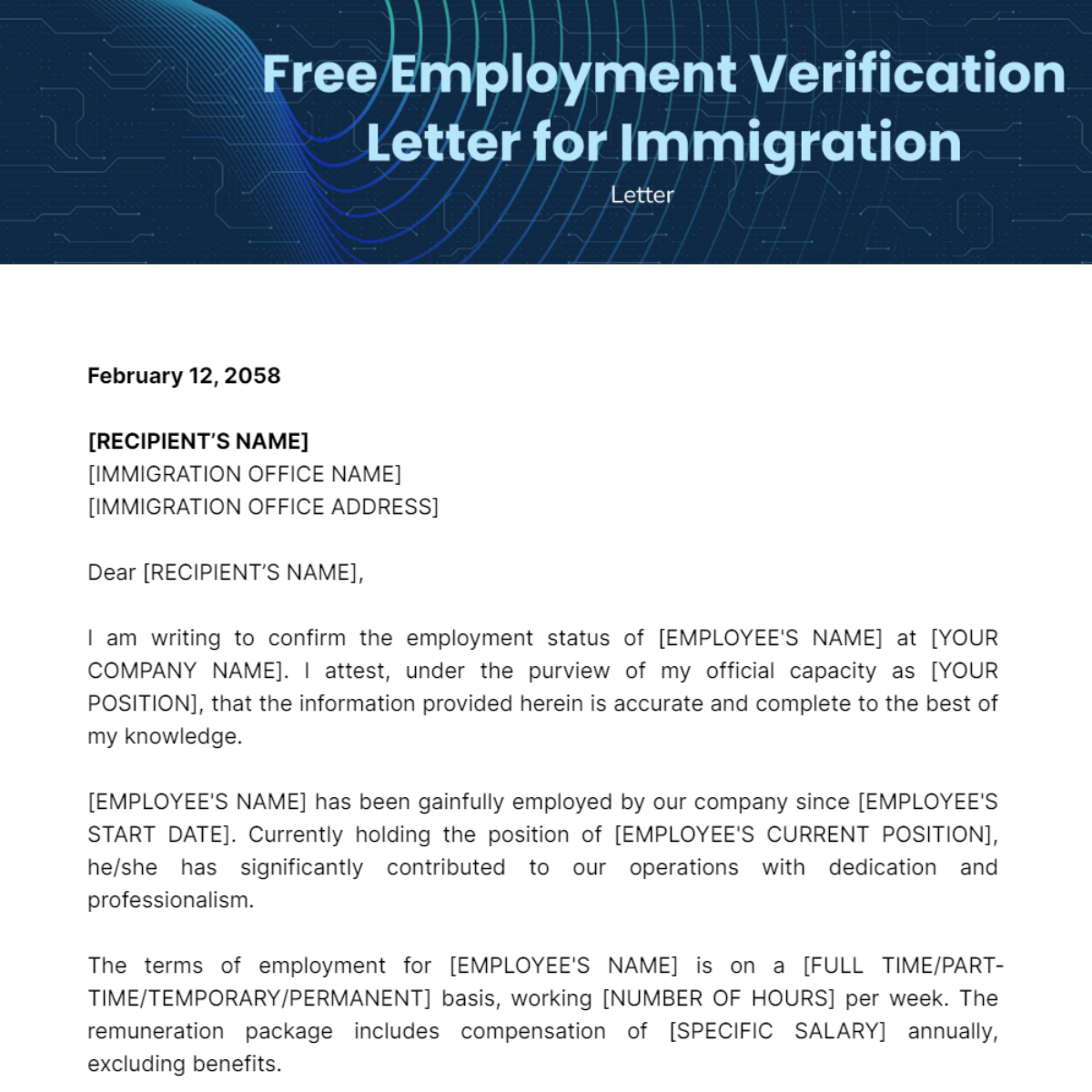 Employment Verification Letter for Immigration Template