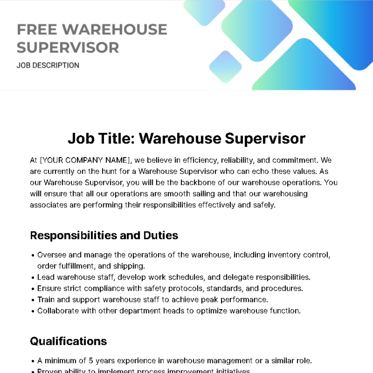 Warehouse Supervisor Job Description Template