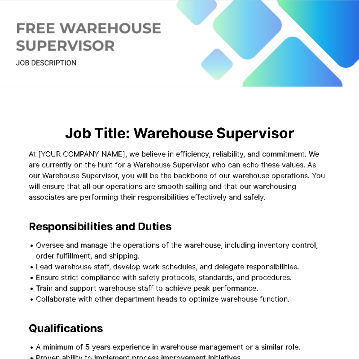  Warehouse Supervisor Job Description Template Edit Online Download 