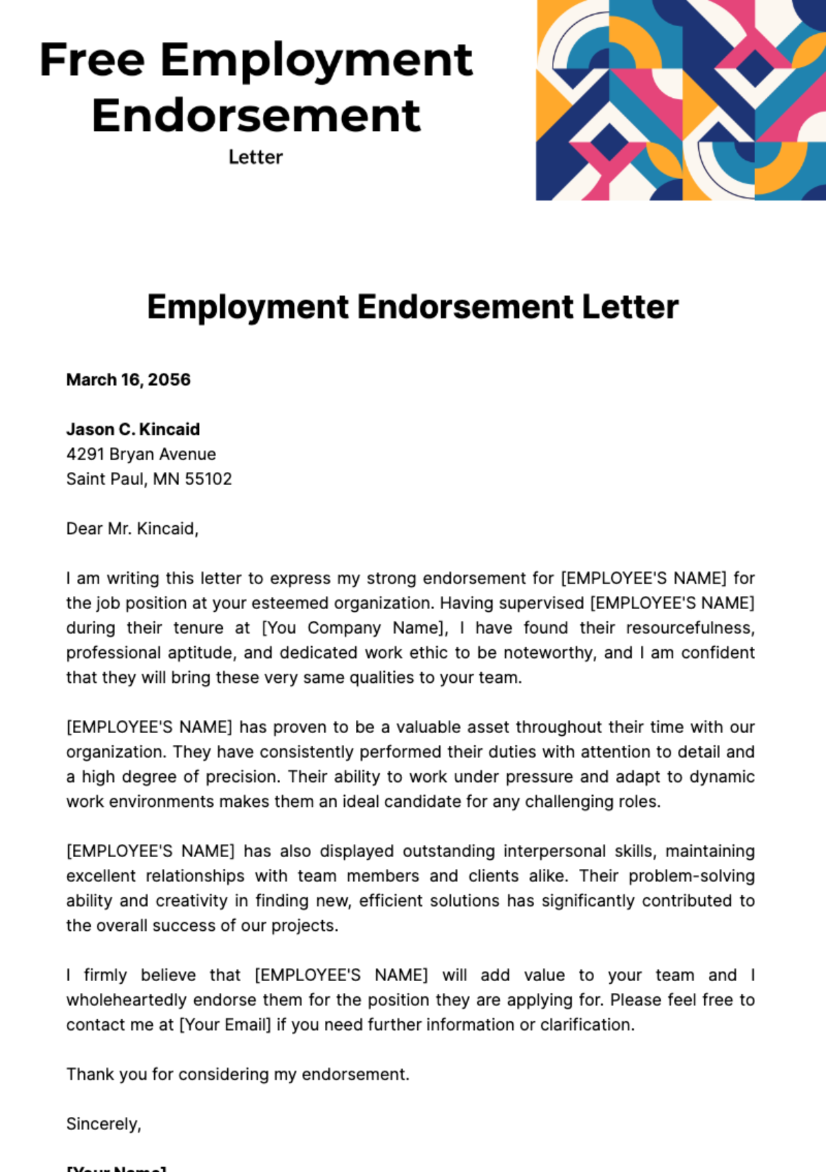 Free Employment Endorsement Letter Template