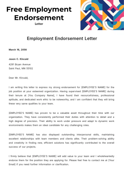 Free Employment Endorsement Letter Template to Edit Online