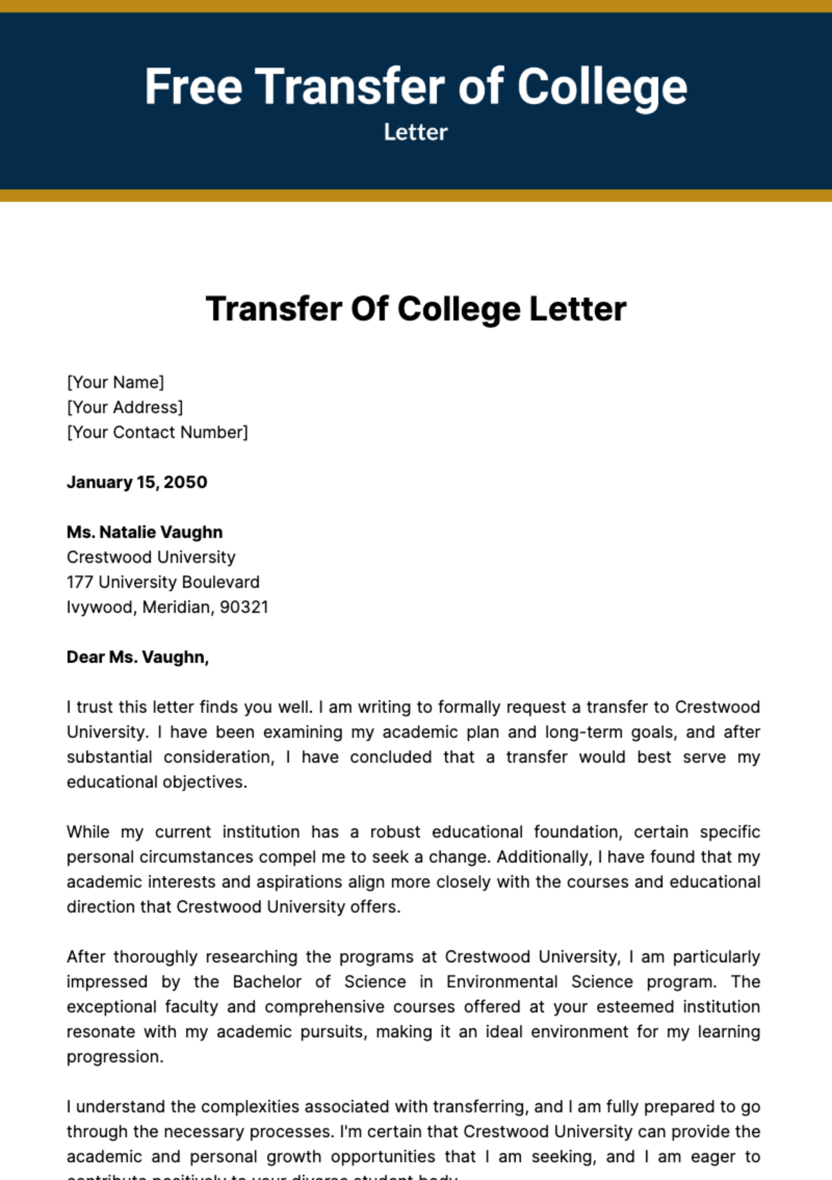 Free Transfer of College Letter Template