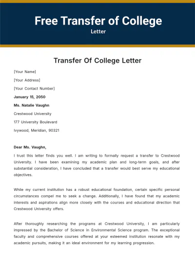Free Transfer of College Letter Template to Edit Online