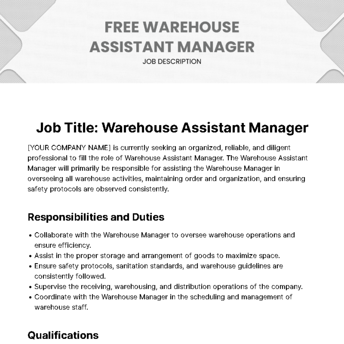 Warehouse Assistant Manager Job Description Template