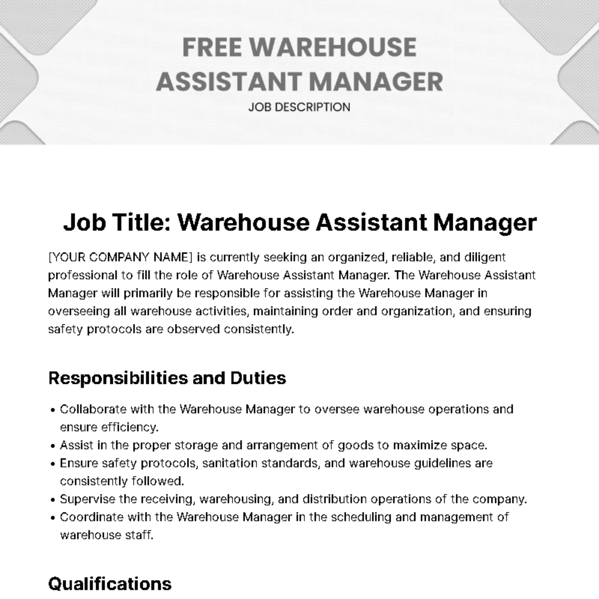 Warehouse Assistant Manager Job Description Template Edit Online 