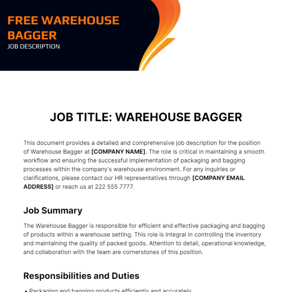 Warehouse Bagger Job Description Template