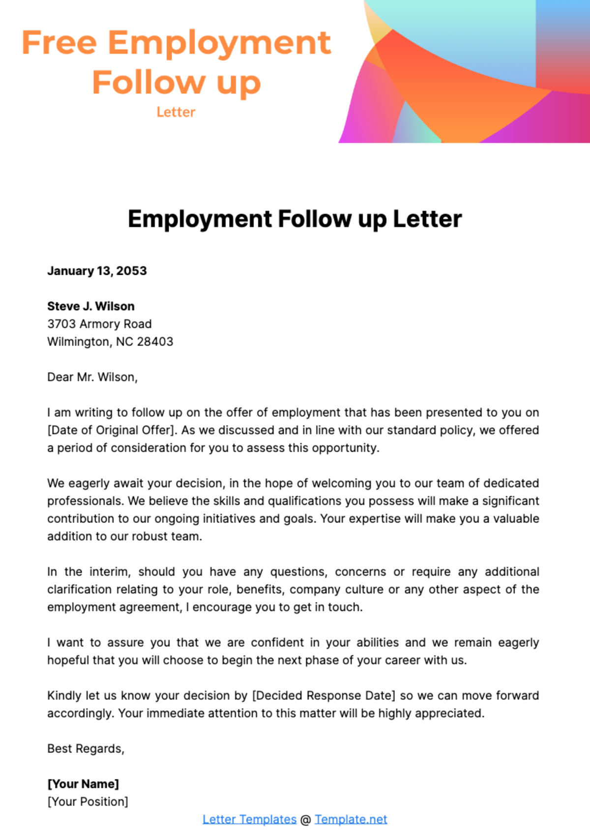 Free Employment Follow up Letter Template