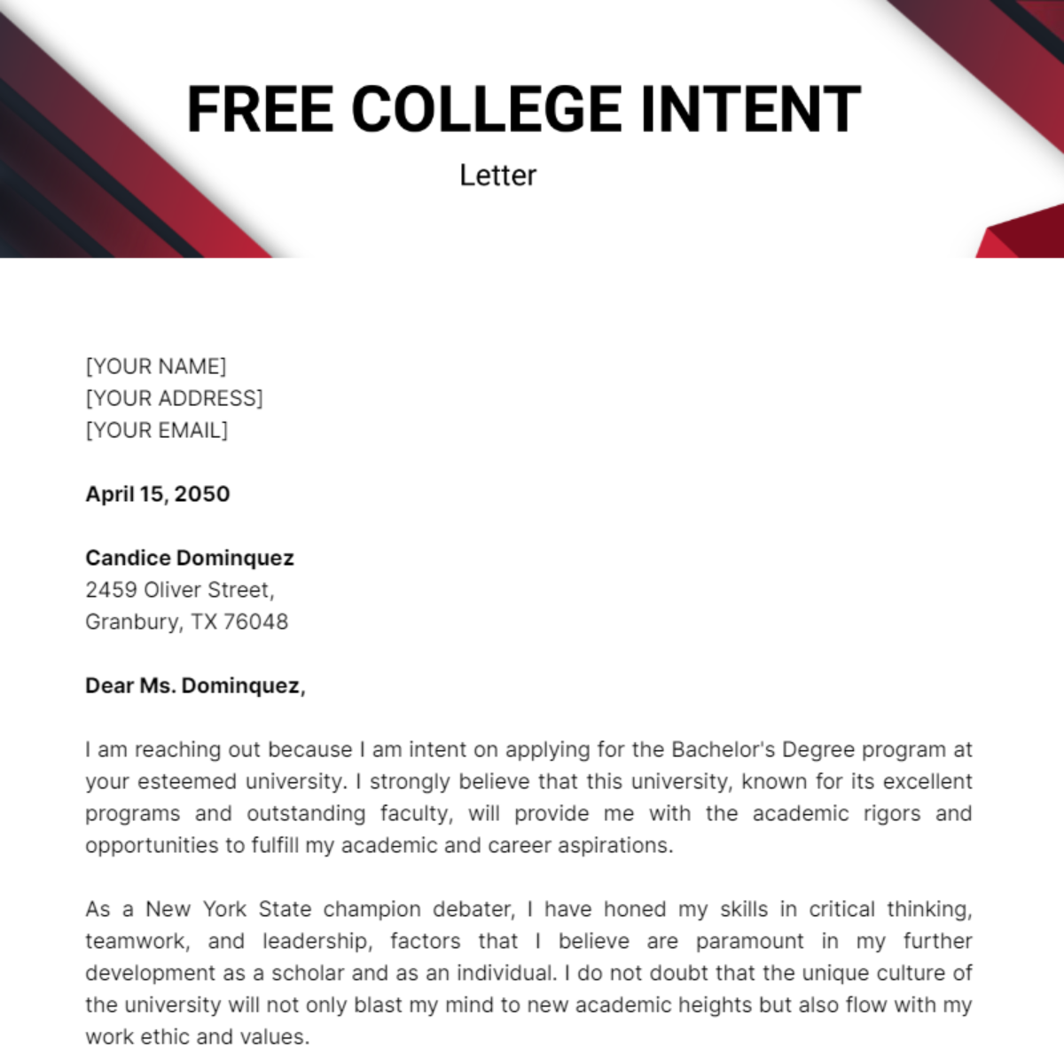 College Letter of Intent template