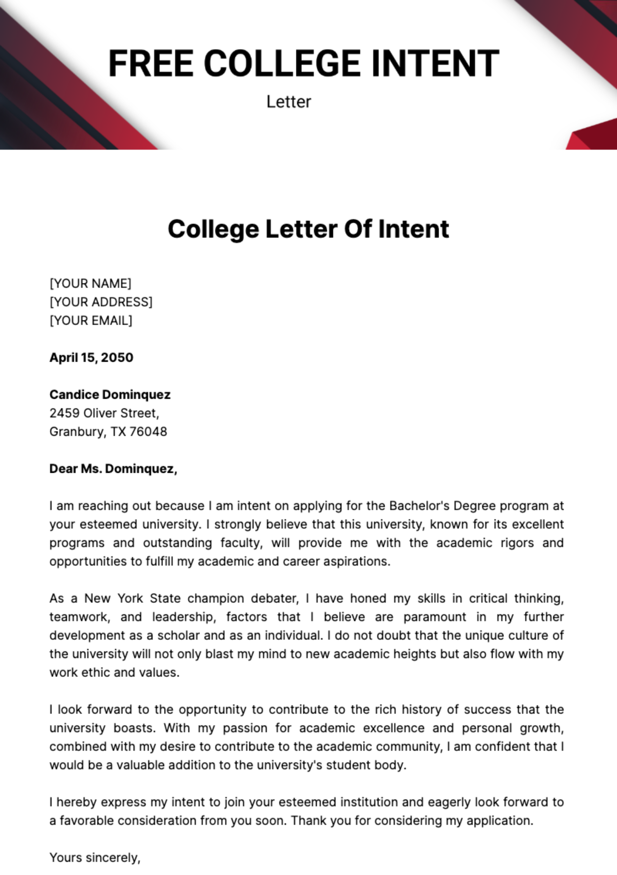 Free College Letter of Intent template