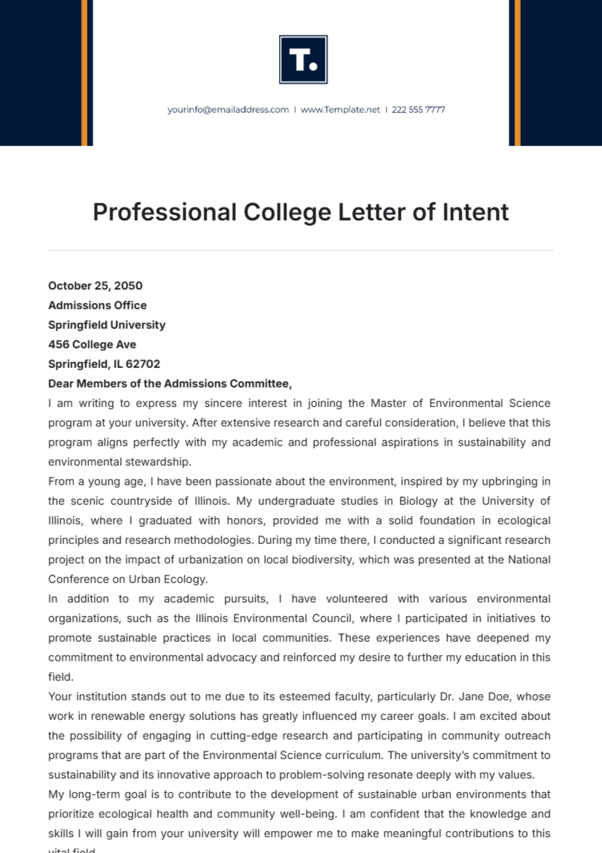 Professional College Letter of Intent Template - Edit Online & Download