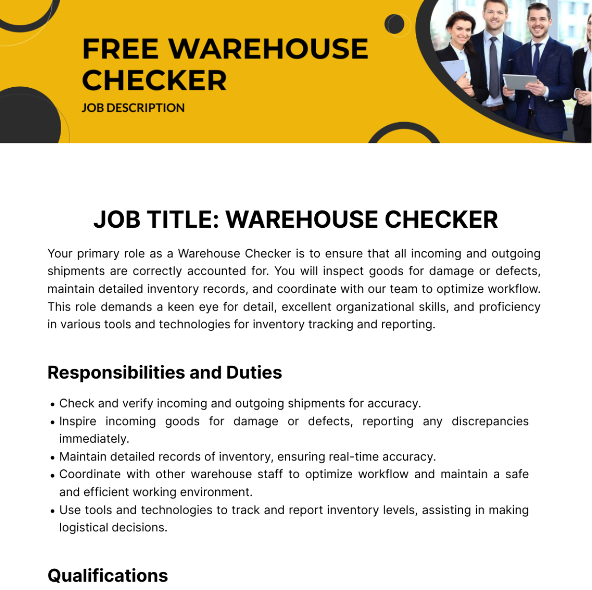Warehouse Checker Job Description Template