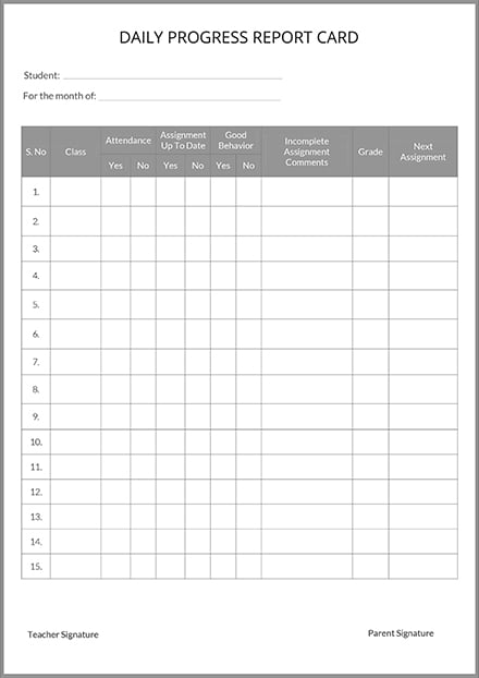 Free Daily Progress Report Card Template