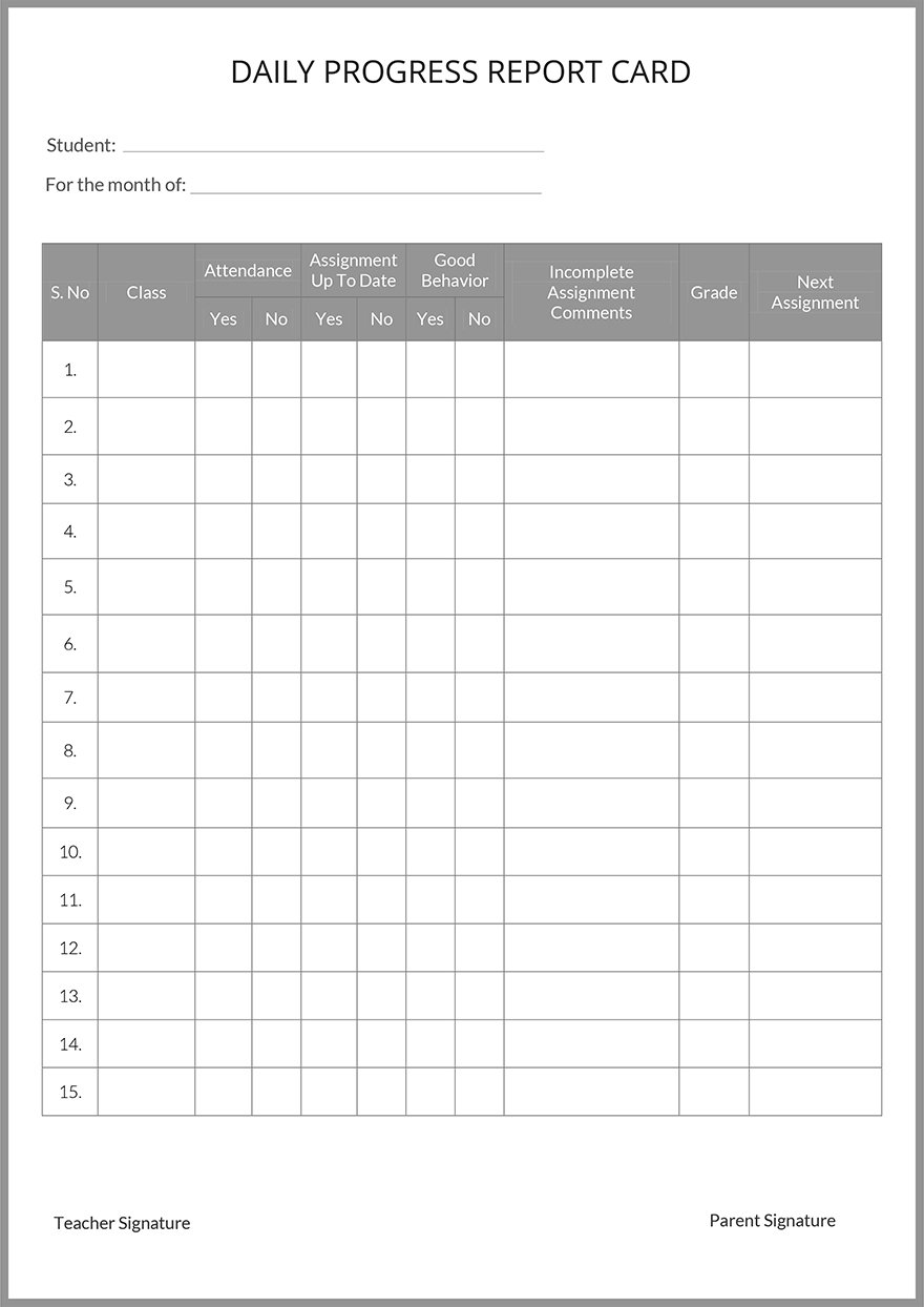 Free Printable Daily Progress Report Card Template