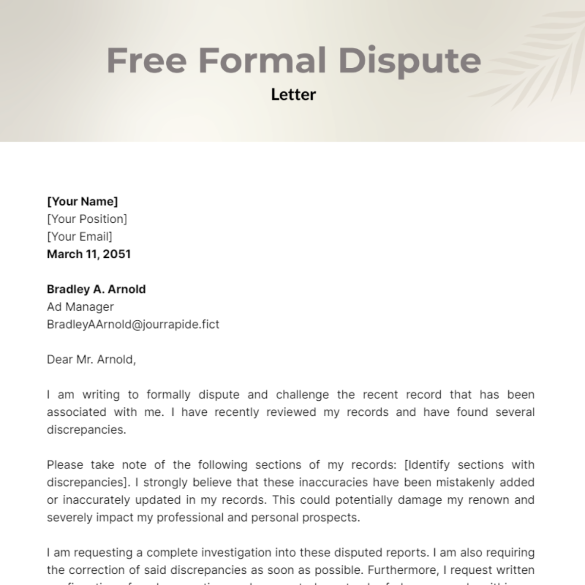 Formal Dispute Letter Template