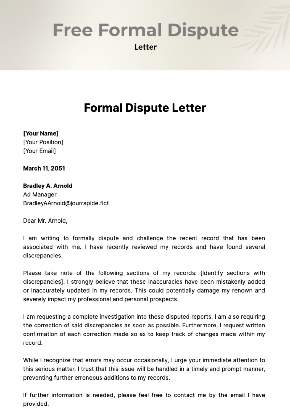 Free Formal Dispute Letter Template