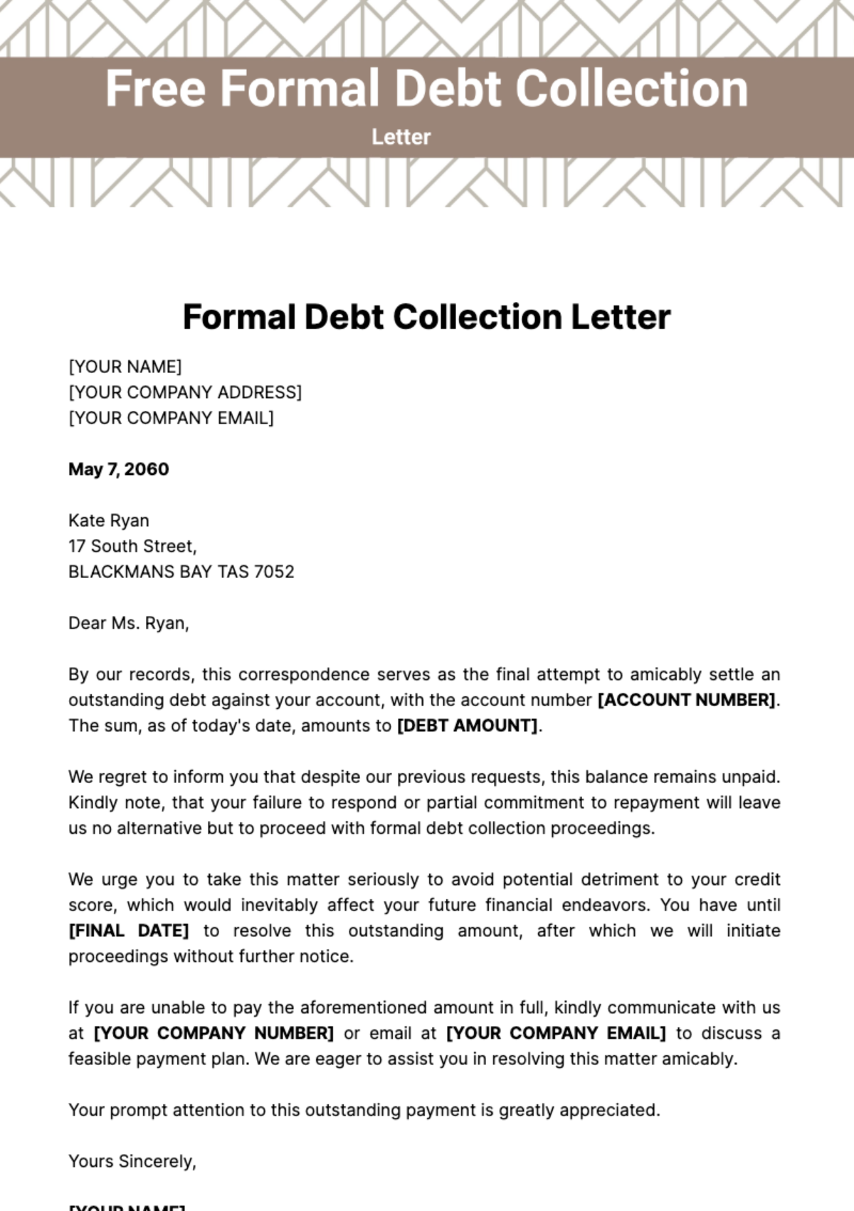 Free Formal Debt Collection Letter Template