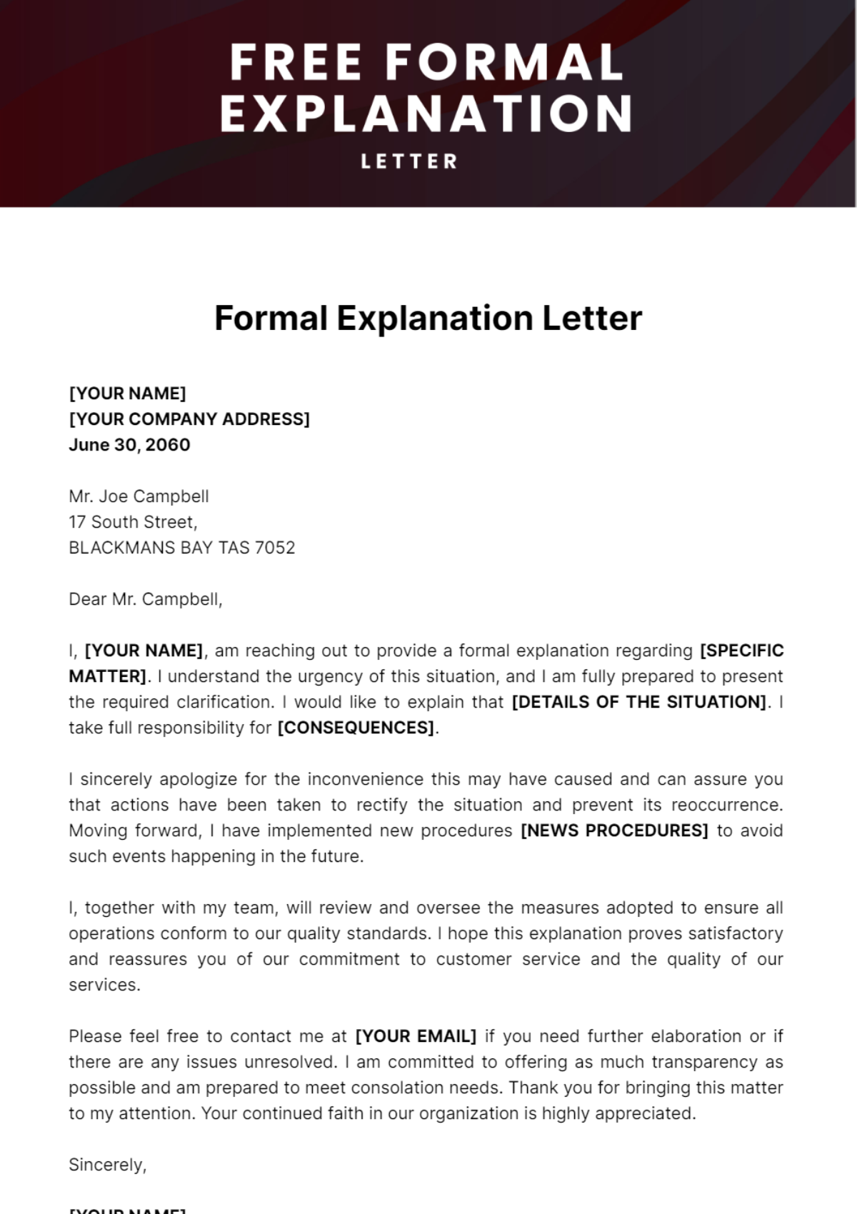 Free Formal Explanation Letter Template