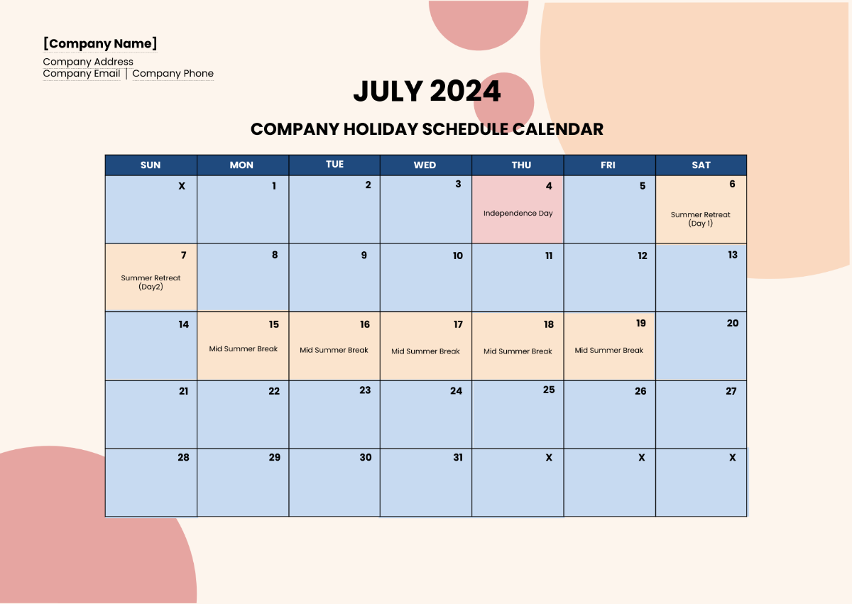 Company Holiday Schedule Calendar Template