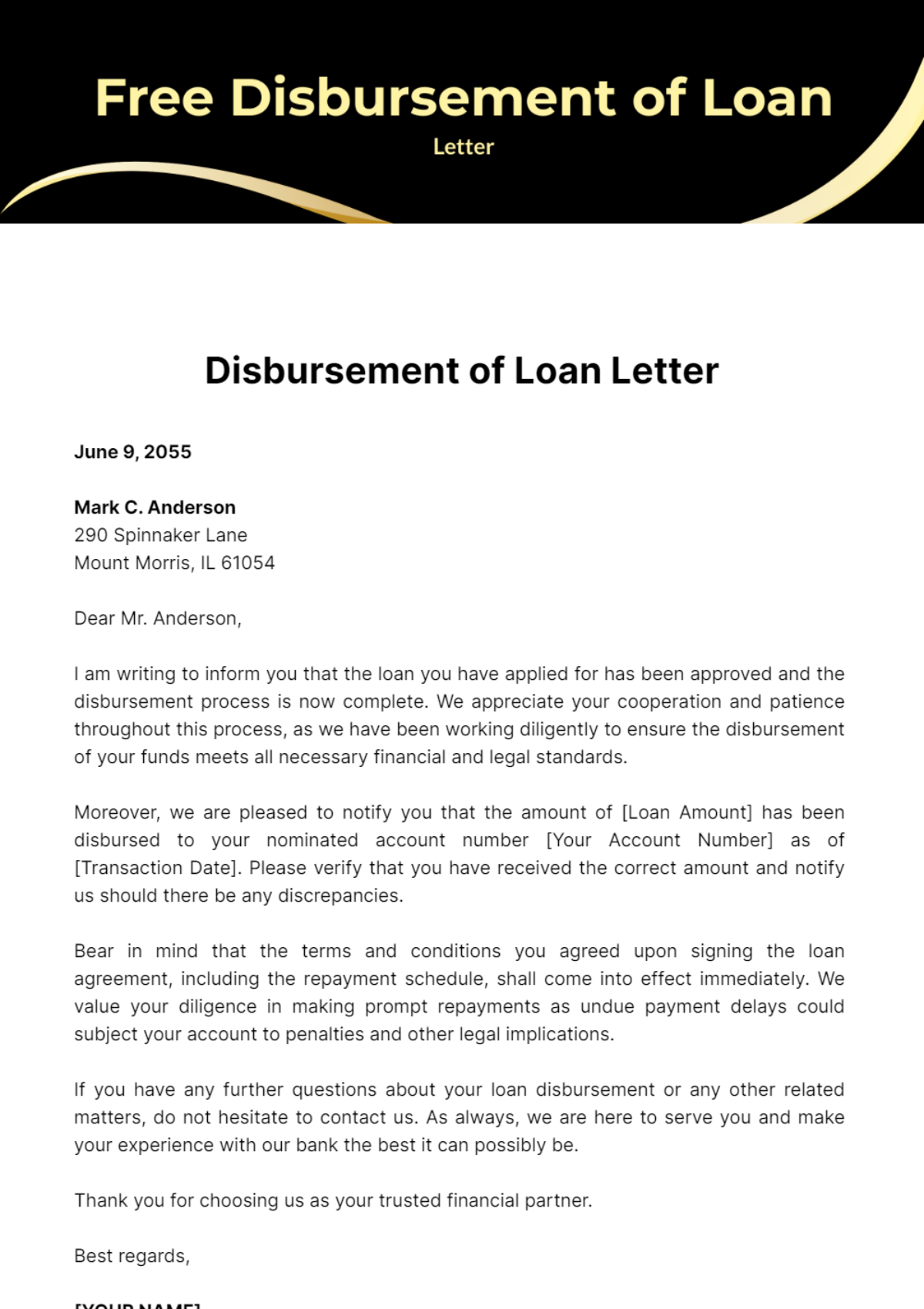 Free Disbursement of Loan Letter Template