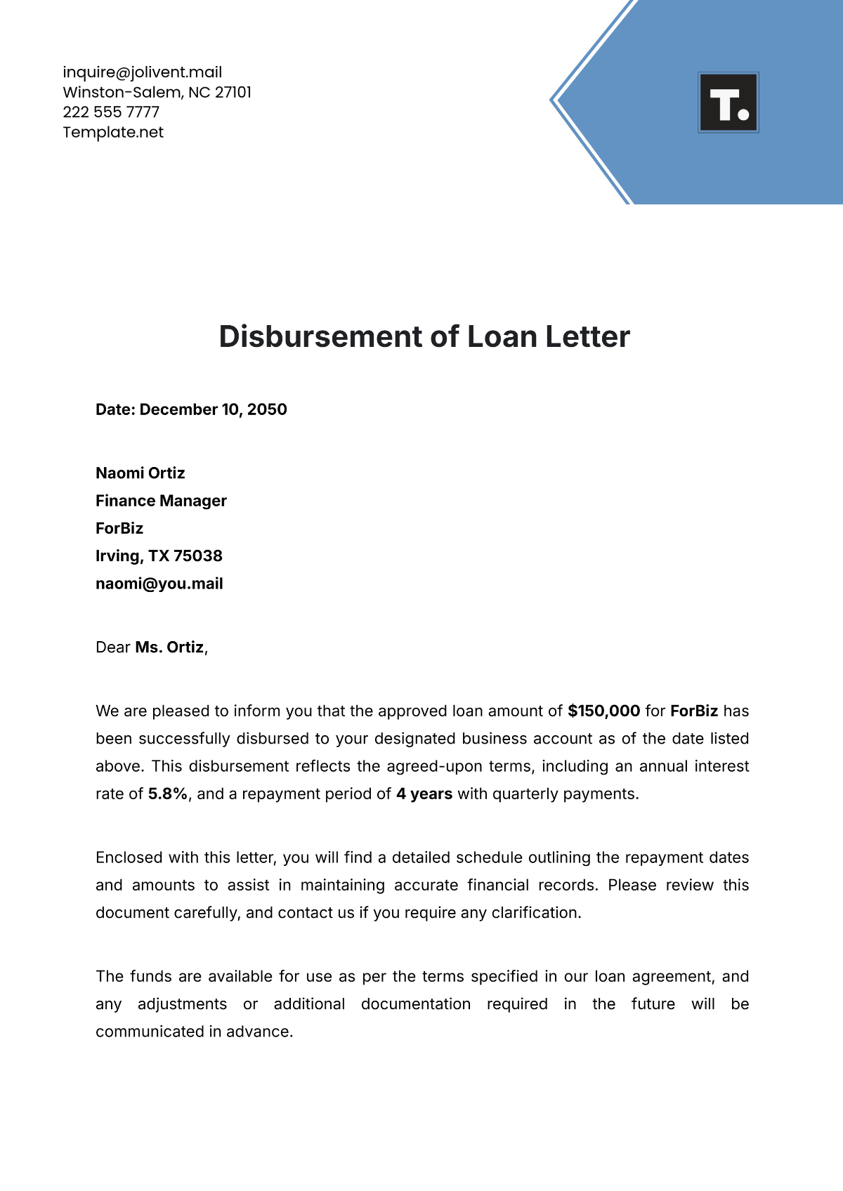 Disbursement of Loan Letter Template - Edit Online & Download