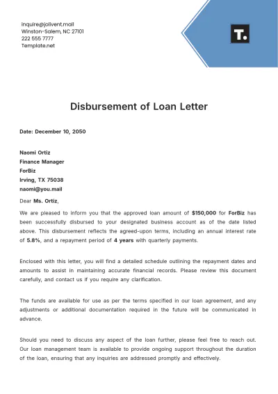Free Disbursement of Loan Letter Template to Edit Online