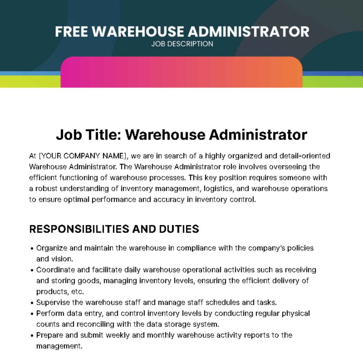 Warehouse Administrator Job Description Template