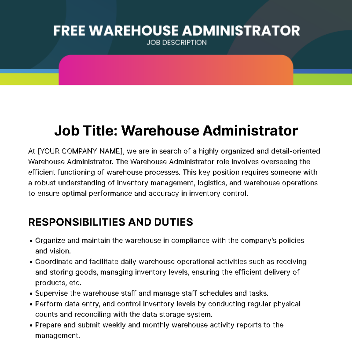 Warehouse Administrator Job Description Template Edit Online