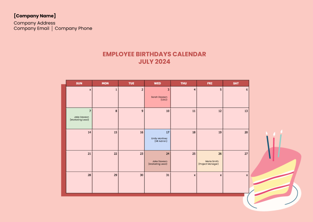 Employee Birthdays Calendar Template