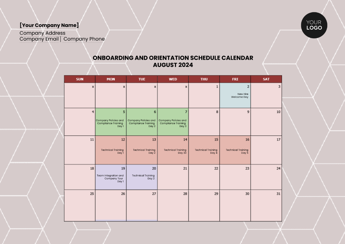 Onboarding and Orientation Schedule Calendar