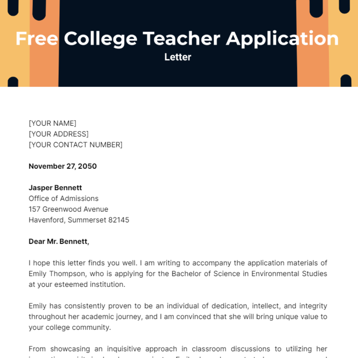 College Teacher Application Letter Template