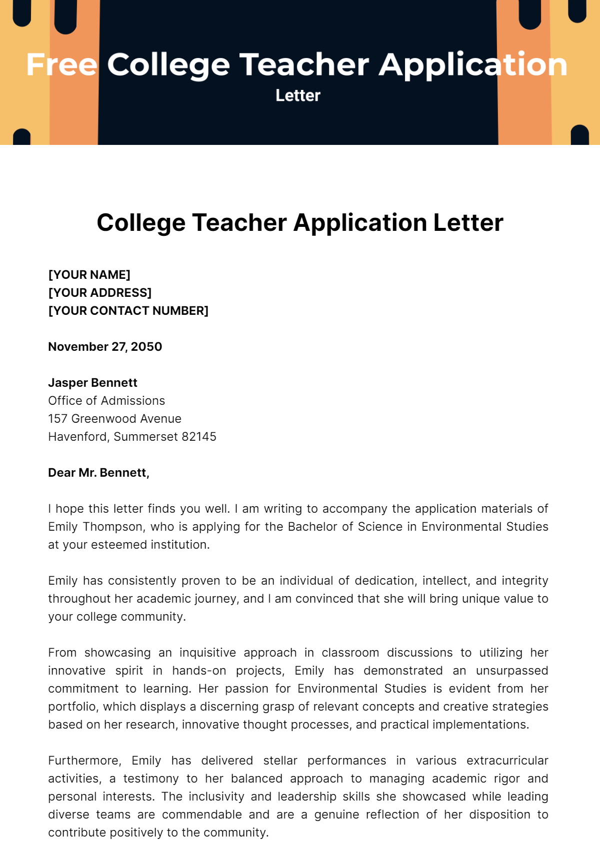 Free College Teacher Application Letter Template