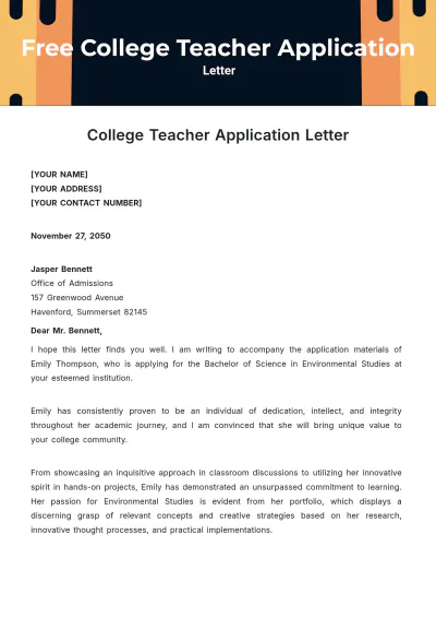 Free College Teacher Application Letter Template to Edit Online