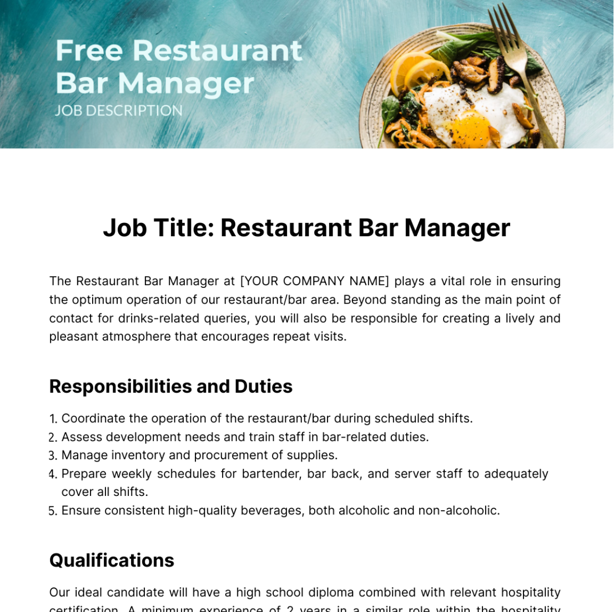 Free Restaurant Bar Manager Job Description Template