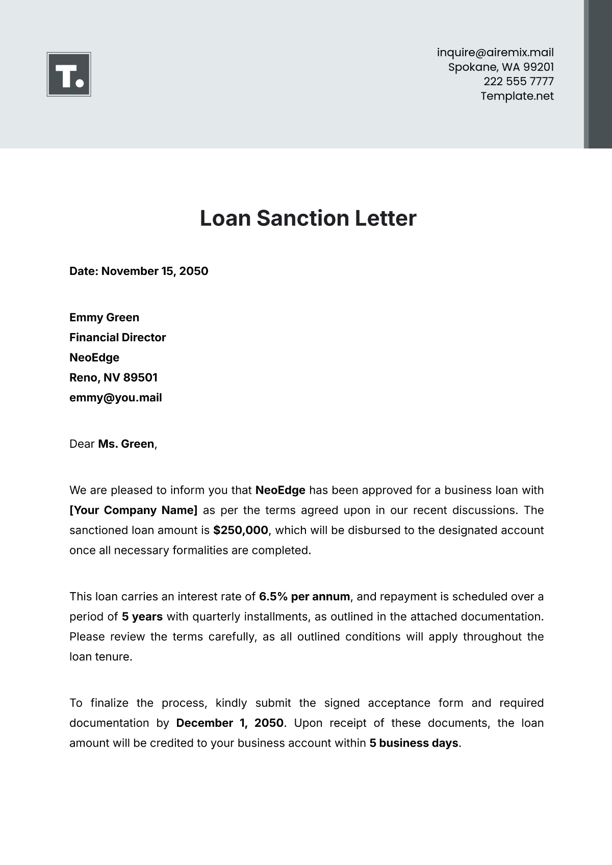 Loan Sanction Letter Template - Edit Online & Download