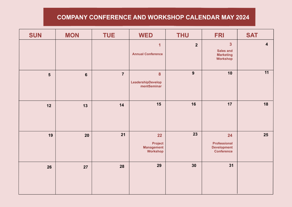 Free Company Conference And Workshop Calendar Template