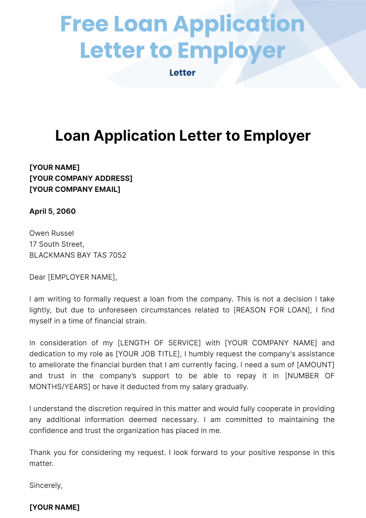 Free Loan Application Letter to Employer Template