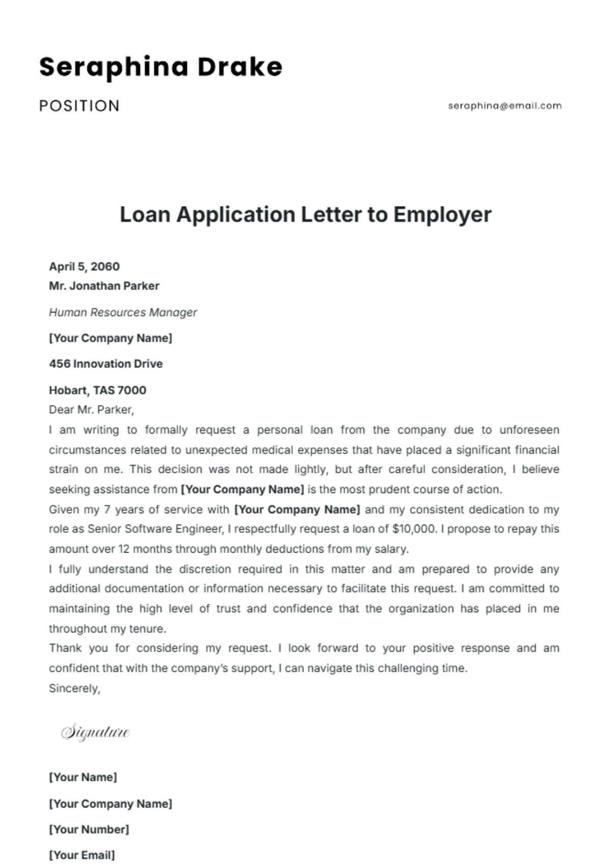 Loan Application Letter to Employer Template